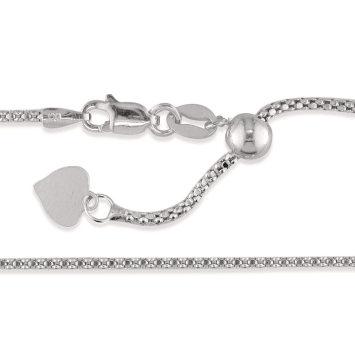 Sterling silver adjustable popcorn chain with textured links, sliding bead clasp, extends to 22 inches. Item No. 700552