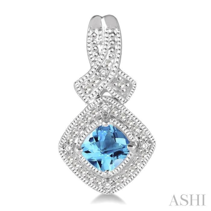 4x4 MM Cushion Shape Blue Topaz and 1/50 Ctw Round Cut Diamond Sterling Silver Earrings