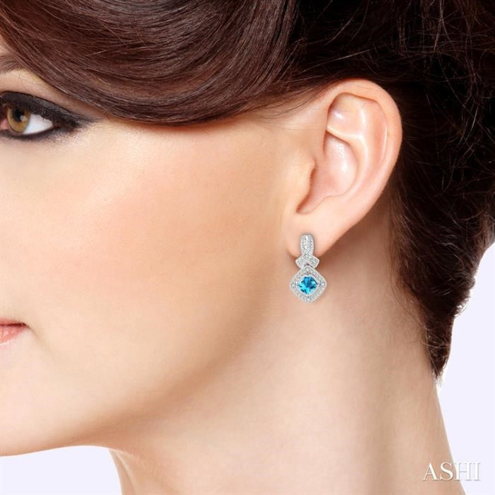 4x4 MM Cushion Shape Blue Topaz and 1/50 Ctw Round Cut Diamond Sterling Silver Earrings