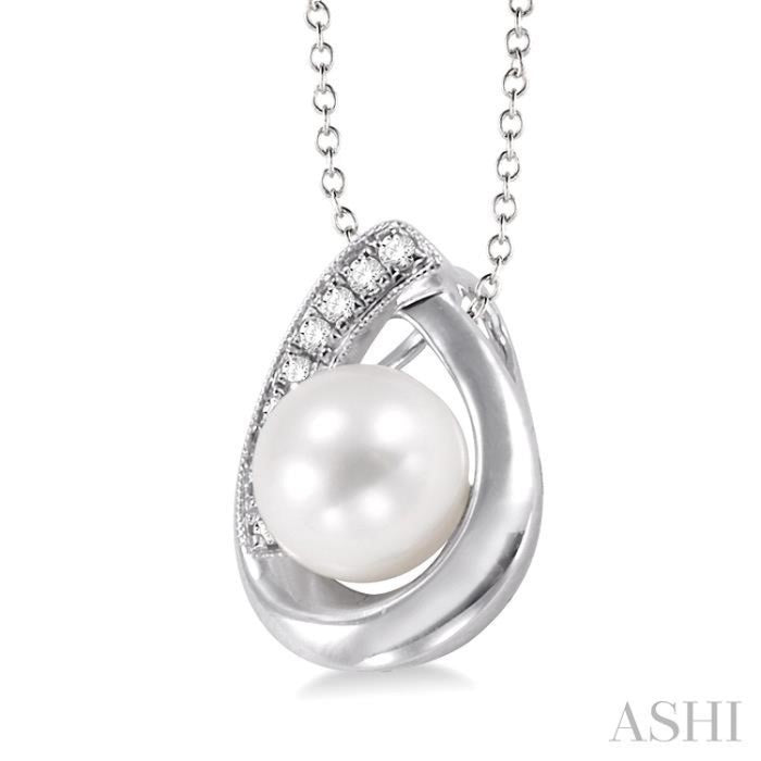 6.5 MM Cultured Pearl and 1/20 Ctw Round Cut Diamond Pendant in Sterling Silver with chain