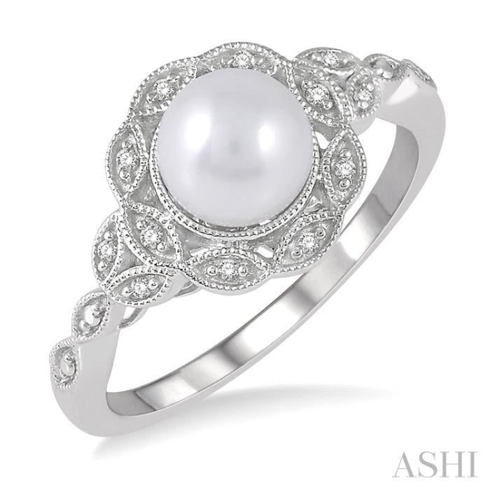 6.5x6.5 MM Cultured Pearl and 1/20 Ctw Round Cut Diamond Ring in Sterling Silver