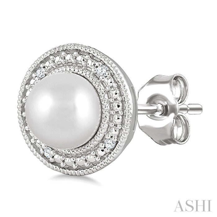 6MM Cultured Pearl and 1/50 Ctw Round Cut Diamond Halo Earrings in Sterling Silver