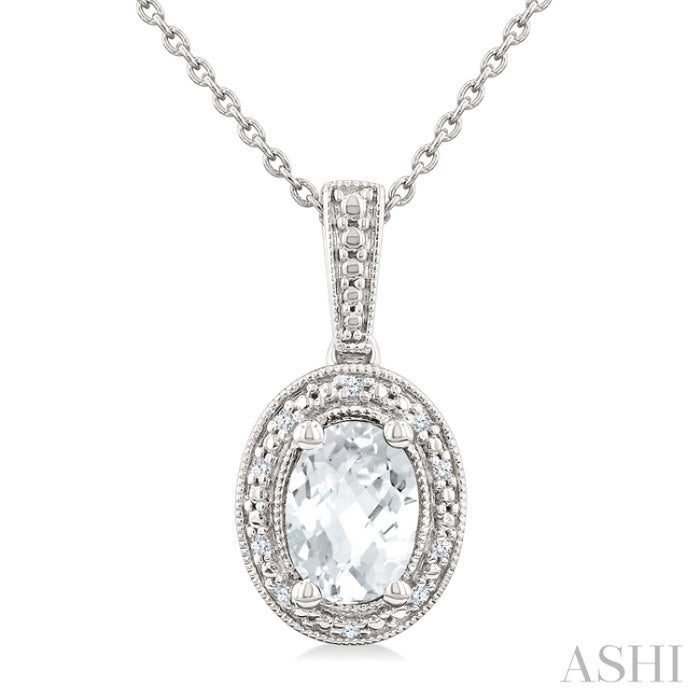 6X4 MM Oval Shape White Topaz and 1/50 Ctw Round Cut Diamond Semi-Precious Pendant With Chain in Sterling Silver