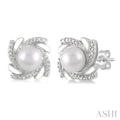 6x6 MM Round Shape Cultured Pearls and 1/50 Ctw Swirl Round Cut Diamond Earrings in Sterling Silver