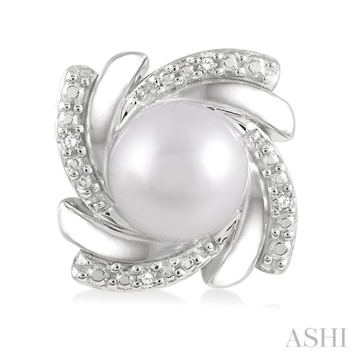 6x6 MM Round Shape Cultured Pearls and 1/50 Ctw Swirl Round Cut Diamond Earrings in Sterling Silver