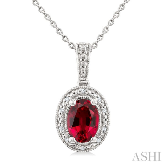7X5 MM Oval Shape Lab-Created Ruby and 1/50 Ctw Round Cut Diamond Precious Pendant With Chain in Sterling Silver