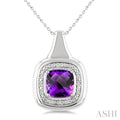 8 MM Cushion Shape Amethyst and 1/20 Ctw Round Cut Diamond Bold Semi-Precious Pendant With Chain in Sterling Silver