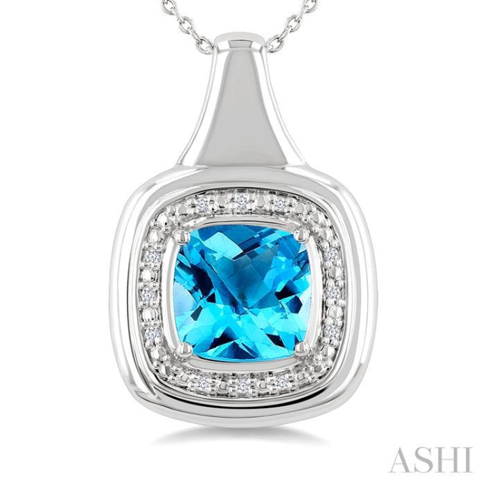 8 MM Cushion Shape Blue Topaz and 1/20 Ctw Round Cut Diamond Semi-Precious Pendant With Chain in Sterling Silver