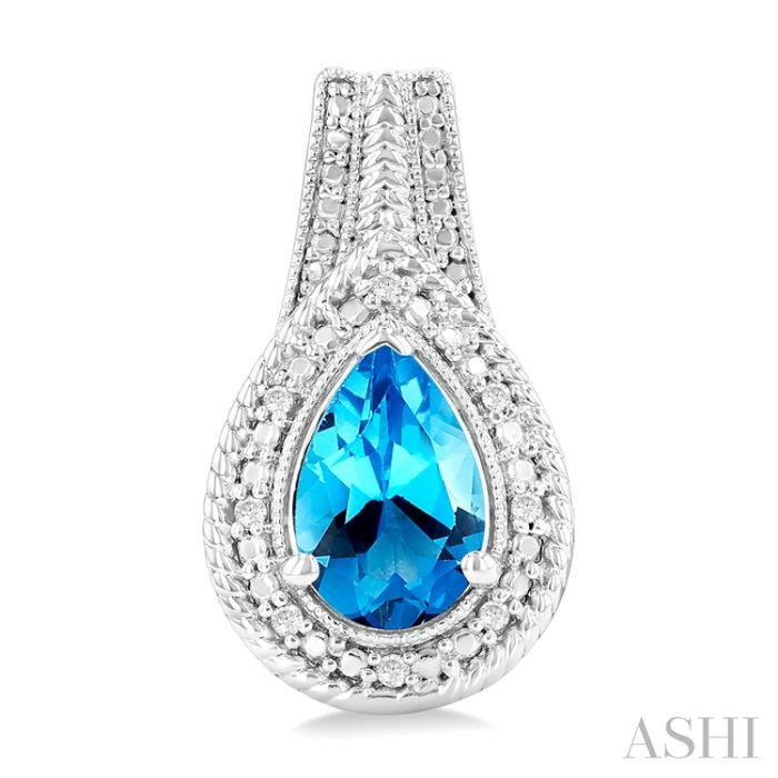 8X5 MM Pear Shape Blue Topaz and 1/20 Ctw Round Cut Diamond Semi-Precious Earrings in Sterling Silver