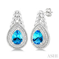 8X5MM Pear Cut Blue Topaz and 1/20 Ctw Round Cut Diamond Semi-Precious Earrings in Sterling Silver