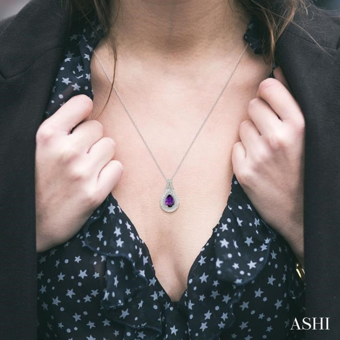 9x6 MM Pear Cut Amethyst and 1/20 Ctw Round Cut Diamond Semi-Precious Pendant With Chain in Sterling Silver