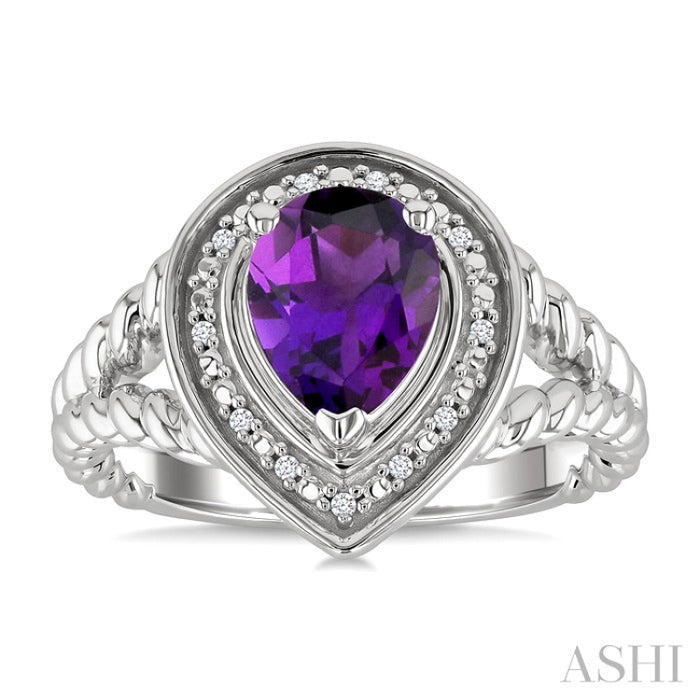 9X6MM Pear Cut Amethyst and 1/20 Ctw Round Cut Diamond Semi-Precious Ring in Sterling Silver