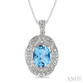 9x7 MM Oval Cut Blue Topaz and 1/50 Ctw Round Cut Diamond Pendant in Sterling Silver with Chain