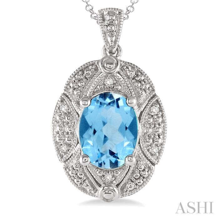 9x7 MM Oval Cut Blue Topaz and 1/50 Ctw Round Cut Diamond Pendant in Sterling Silver with Chain