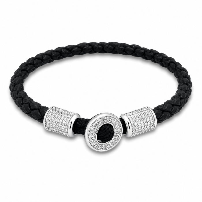 AZL Men 03 White Diamond Crystalline Black Leather Bracelet