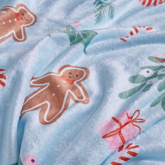 Christmas Gingerbread Cosy Fleece Blanket Throw Blue