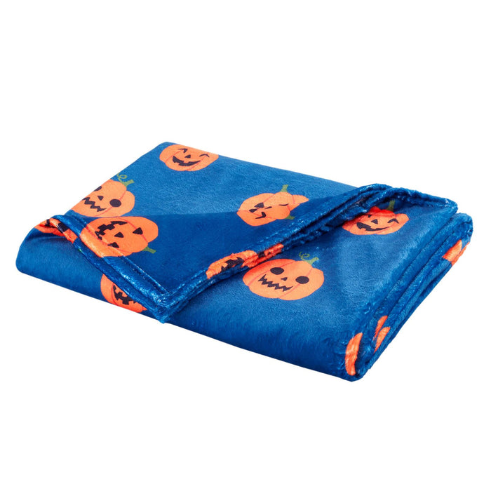 Halloween Pumpkins Cosy Fleece Blanket Throw Navy Blue