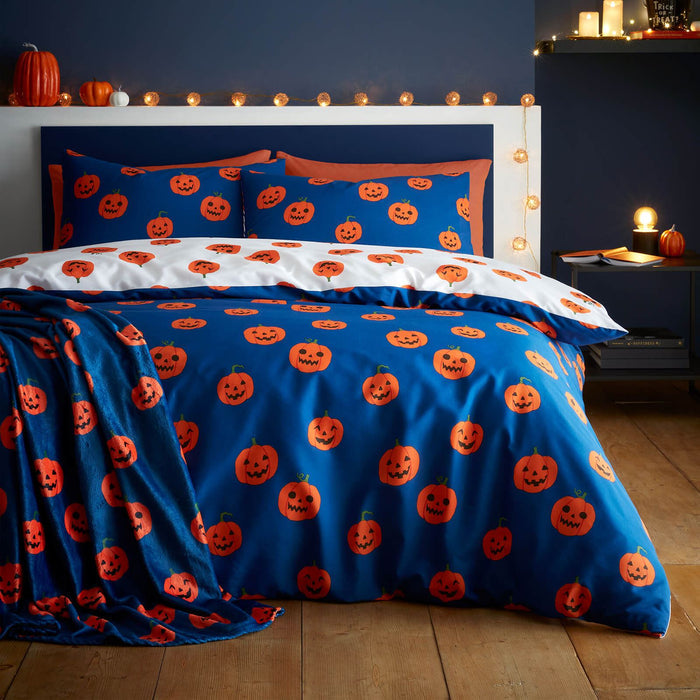 Halloween Pumpkins Cosy Fleece Blanket Throw Navy Blue