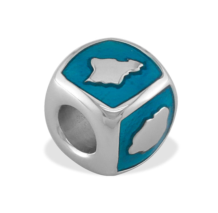 Sterling silver Hawaiian Islands blue enamel puka bead featuring Hawaiian islands for a puka bracelet. Item No. 40046