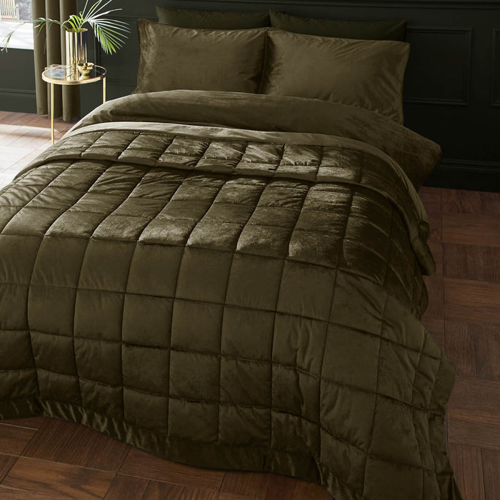 Kingsley Matt Velvet Quilted Bedspread Olive Green