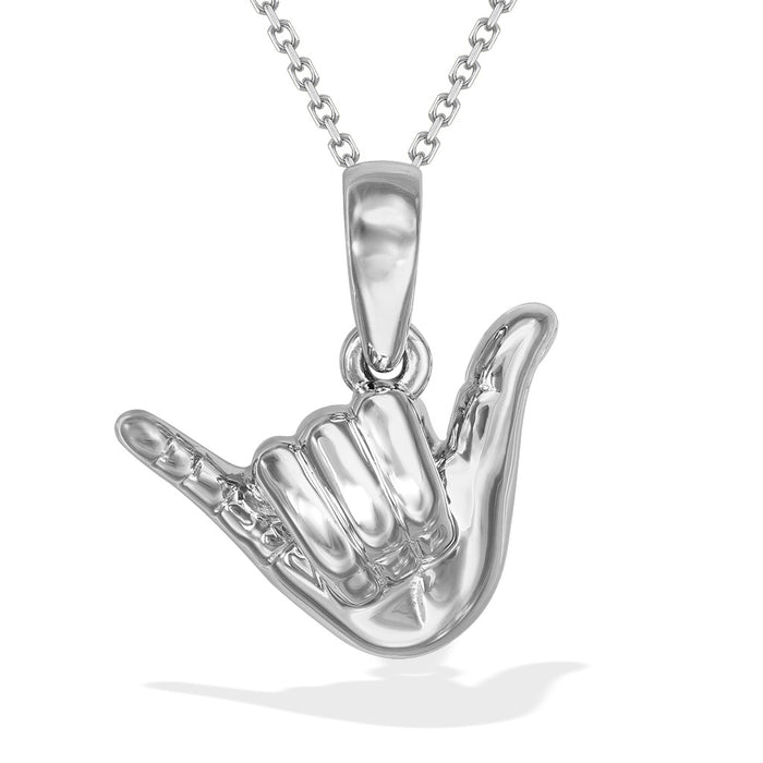 Polished sterling silver shaka hand pendant on chain, with smooth contours & a bold Hawaiian gesture design. Item No. 43634