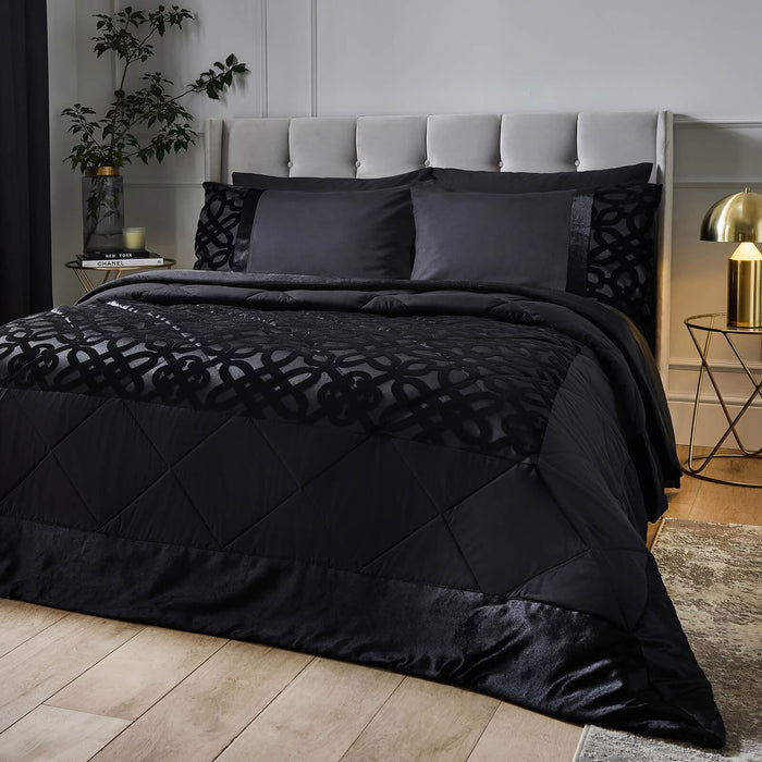 Lattice Cut Velvet Quilted Bedspread Black
