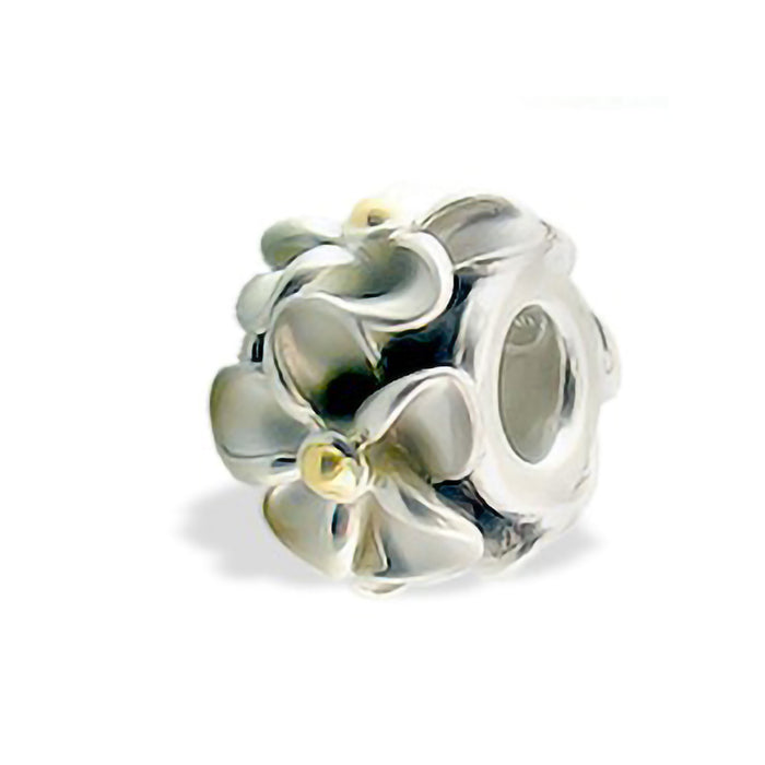 Sterling silver puka bead with raised plumeria flowers and 18k yellow gold accented centers. Item No. 19969