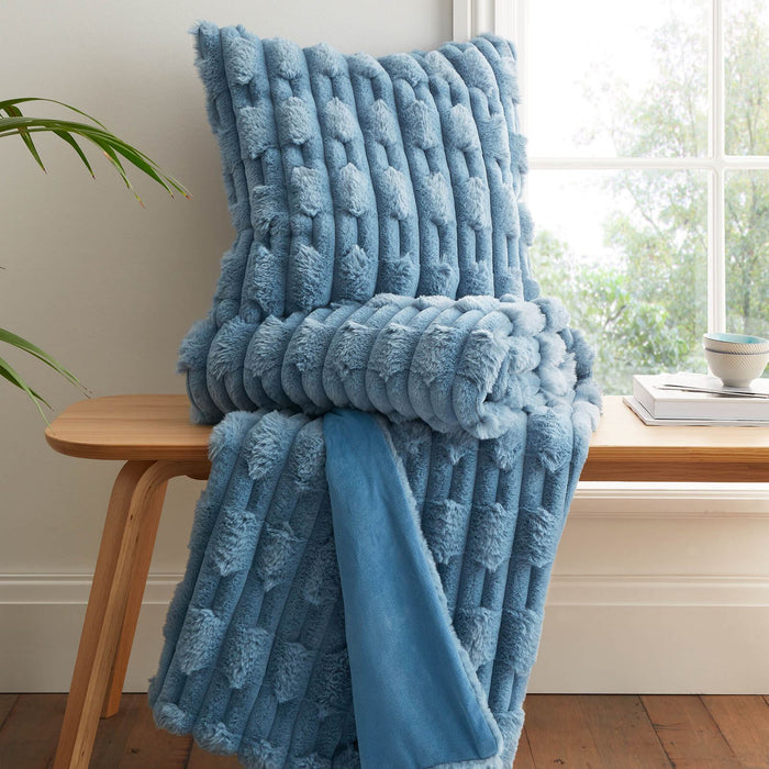 So Soft Carved Faux Fur Cushion Blue