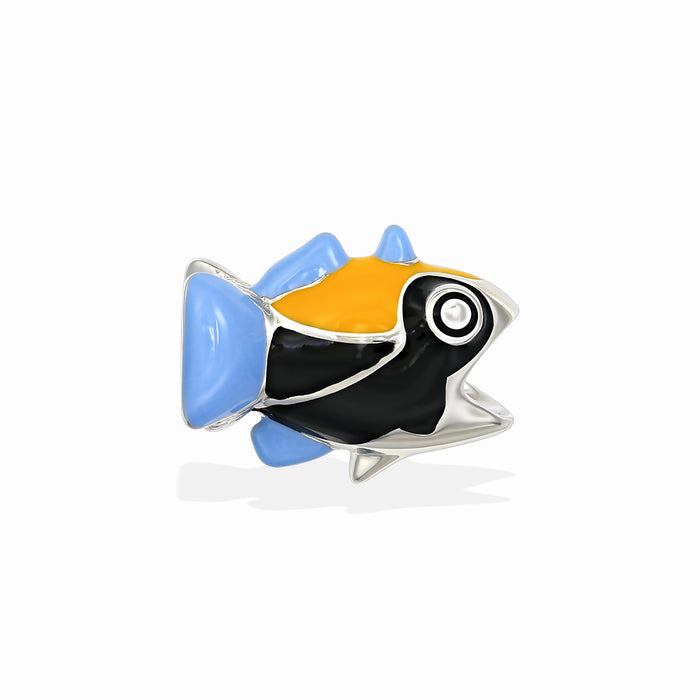 Enamel humuhumu puka bead with bright blue, yellow and black tones, playful rounded shape. Item No. 767905