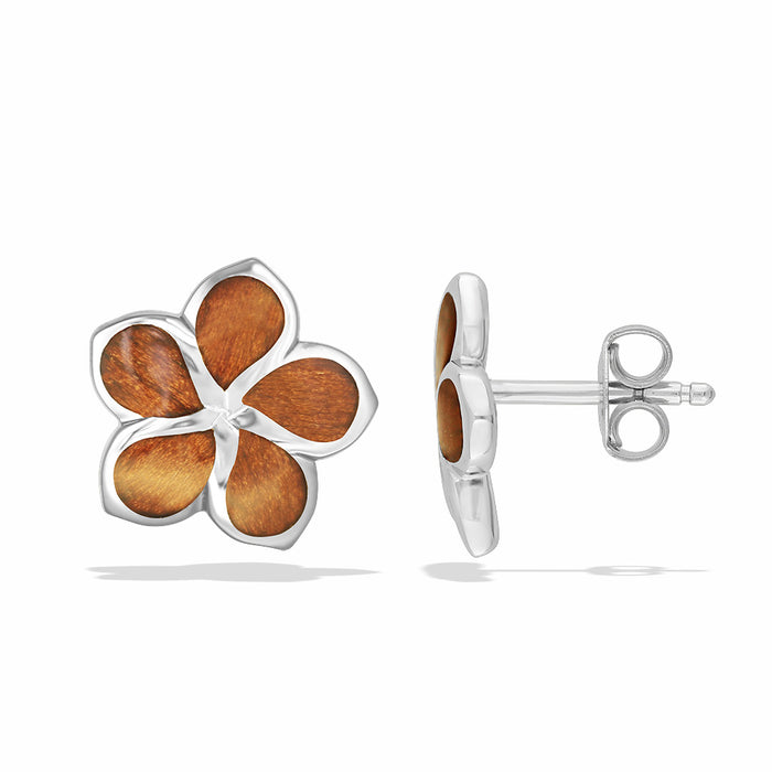 Sterling silver plumeria earrings with koa wood inlay petals, showing front & side view of post & earnut. Item No. 768468