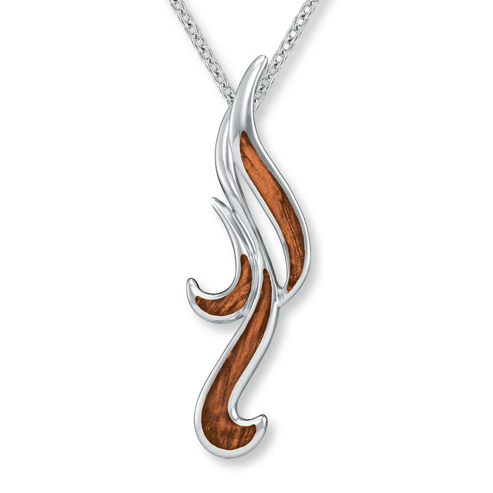 Flowing pendant in waterfall-like design with Hawaiian koa wood inlay in polished sterling silver. Item No. 769600