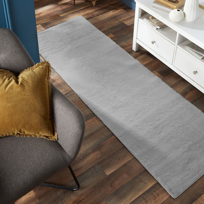 Washable Faux Fur Plain Grey Rug