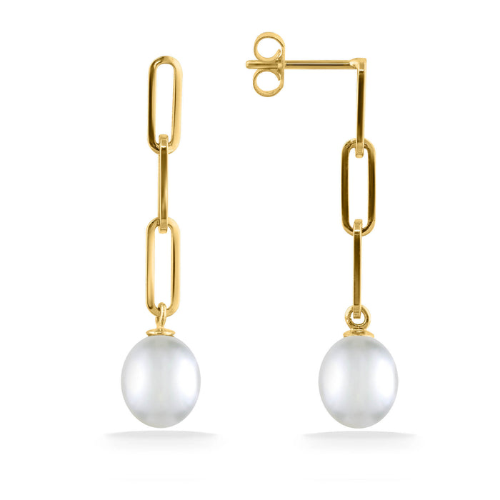 Partial view of polished yellow gold paperclip drop earrings with luminous white akoya pearl accents. Item No. 44260