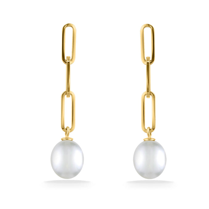 Modern yellow gold link earrings with dangling white akoya pearls, showcasing a sleek paperclip silhouette. Item No. 44260